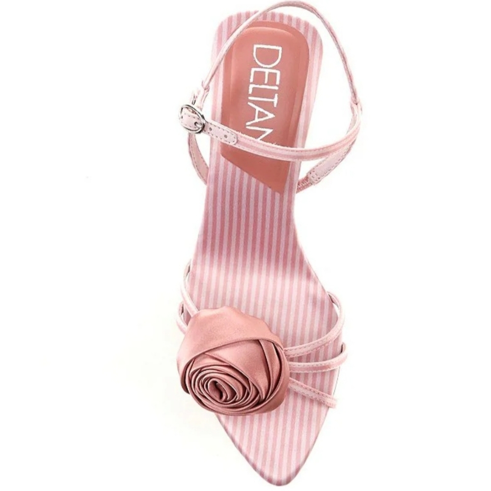 Deltan Heeled Sandals 9.5 Petal Pink Satin Amayah Rosette Striped Pastel New$110